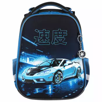 Ранец Brauberg PRЕMIUM Night race, анатомическая, вентилируемая, формоустойчивая спинка, 2 отделения, черный/голубой (272014)