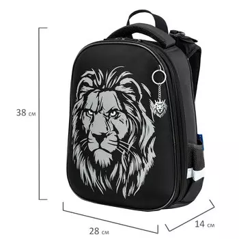 Ранец Brauberg SHINY Savage lion, анатомическая, вентилируемая, формоустойчивая спинка, 2 отделения, черный (272039)
