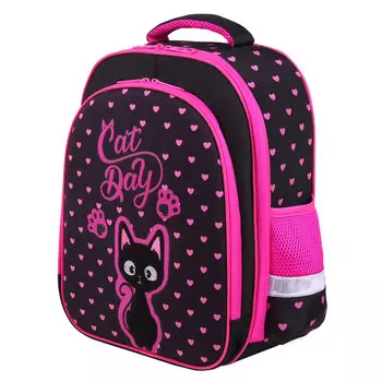 Ранец Brauberg STANDARD Amazed cat, анатомическая, вентилируемая, формоустойчивая спинка, 2 отделения, черный/розовый (271386)