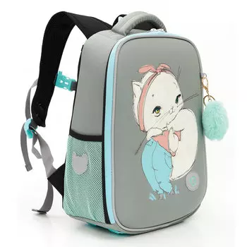 Ранец GRIZZLY RAw WHITE CAT, анатомическая, вентилируемая спинка, 1 отделение, серый/голубой (RAw-396-4/2)