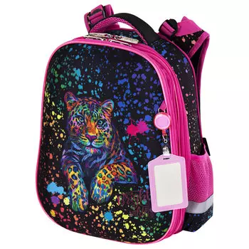 Ранец ЮНЛАНДИЯ Extra Bright wildlife, анатомическая, вентилируемая, регулируемая по росту, формоустойчивая, 2 отделения, черный/розовый (270676)