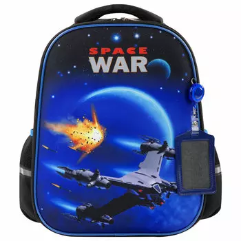 Ранец ЮНЛАНДИЯ LIGHT Space war, анатомическая, вентилируемая, формоустойчивая спинка, 2 отделения, черный/синий (270607)