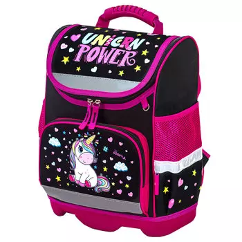 Ранец ЮНЛАНДИЯ WISE Magic unicorn, анатомическая, вентилируемая, формоустойчивая спинка, 1 отделение, черный/розовый (270584)