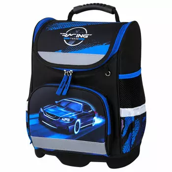 Ранец ЮНЛАНДИЯ WISE Speed race, анатомическая, вентилируемая, формоустойчивая спинка, 1 отделение, черный/голубой (271398)