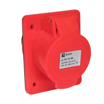 Розетка EKF 424, скрытый монтаж, однопостовая, с крышкой, 32А, в сборе, IP44, 3P+E, красный, 1 шт. (ps-424-32-380)
