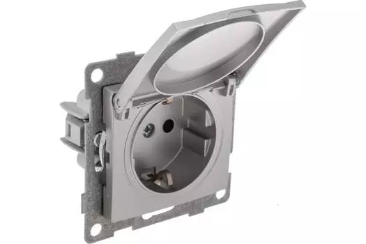 Розетка GUSI Bravo, скрытый монтаж, однопостовая, с з/к, со шторками, с крышкой, 16А, механизм розетки с накладкой, IP20, серебристый, 1 шт. (С10Р91-004)
