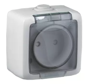 Розетка HEGEL ALFA IP44, открытый монтаж, однопостовая, с з/к, со шторками, с крышкой, 16A, в сборе, IP44, белый (РА16-212)