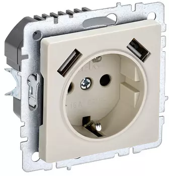 Розетка IEK BR-R14-16-U21-D31-K10, скрытый монтаж, однопостовая/модулей: 1, с з/к, со шторками, 16А, в сборе, IP20, 2xUSB, бежевый (BR-R14-16-U21-D31-K10)