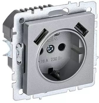 Розетка IEK BR-R14-16-U21-D31-K47, скрытый монтаж, однопостовая/модулей: 1, с з/к, со шторками, 16А, в сборе, IP20, 2xUSB, алюминий (BR-R14-16-U21-D31-K47)