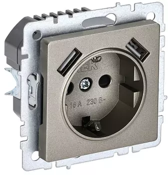 Розетка IEK BR-R14-16-U21-D31-K37, скрытый монтаж, однопостовая/модулей: 1, с з/к, со шторками, 16А, в сборе, IP20, 2xUSB, шампань (BR-R14-16-U21-D31-K37)