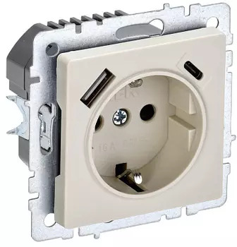Розетка IEK BR-R14-16-U22-018-K10, скрытый монтаж, однопостовая/модулей: 1, с з/к, со шторками, 16А, в сборе, IP20, USB-A, USB Type-C, бежевый (BR-R14-16-U22-018-K10)