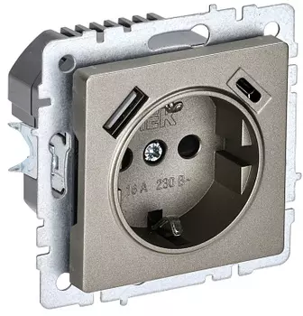 Розетка IEK BR-R14-16-U22-018-K37, скрытый монтаж, однопостовая/модулей: 1, с з/к, со шторками, 16А, в сборе, IP20, USB-A, USB Type-C, шампань (BR-R14-16-U22-018-K37)