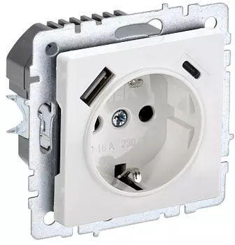 Розетка IEK Brite BR-R14-16-U22-018-K01, скрытый монтаж, однопостовая/модулей: 1, с з/к, со шторками, 16А, в сборе, IP20, USB-A, USB Type-C, белый (BR-R14-16-U22-018-K01)