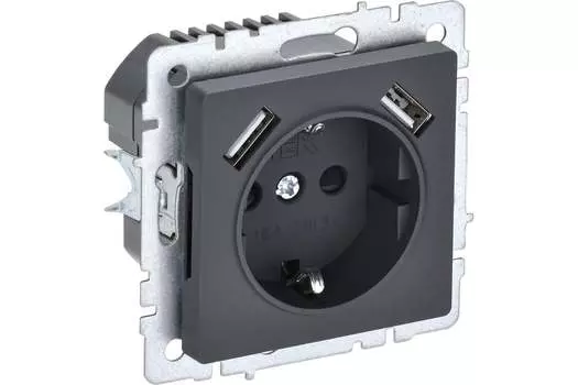 Розетка IEK BRITE РЮш10-1-БрГ, скрытый монтаж, однопостовая, с з/к, со шторками, 16А, механизм розетки с накладкой, IP20, 2xUSB, графит, 1 шт. (BR-R14-16-U21-D21-K53)