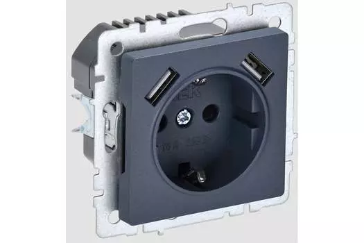 Розетка IEK BRITE РЮш10-1-БрМ, скрытый монтаж, однопостовая, с з/к, со шторками, 16А, механизм розетки с накладкой, IP20, 2xUSB, жемчуг, 1 шт. (BR-R14-16-U21-D21-K35)