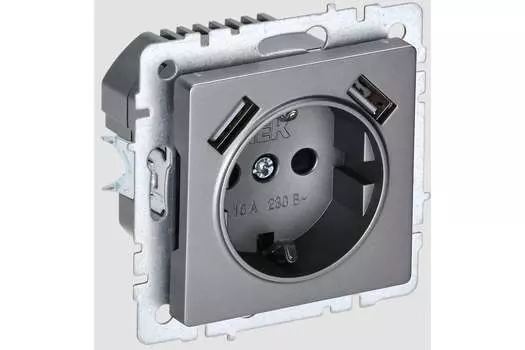 Розетка IEK BRITE РЮш10-1-БрС, скрытый монтаж, однопостовая, с з/к, со шторками, 16А, механизм розетки с накладкой, IP20, 2xUSB, стальной, 1 шт. (BR-R14-16-U21-D21-K46)