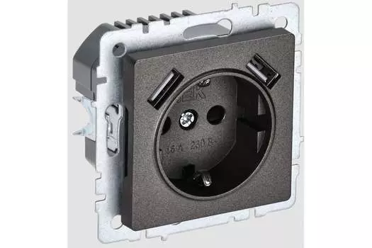 Розетка IEK BRITE РЮш10-1-БрТБ, скрытый монтаж, однопостовая, с з/к, со шторками, 16А, механизм розетки с накладкой, IP20, 2xUSB, темная бронза, 1 шт. (BR-R14-16-U21-D21-K45)