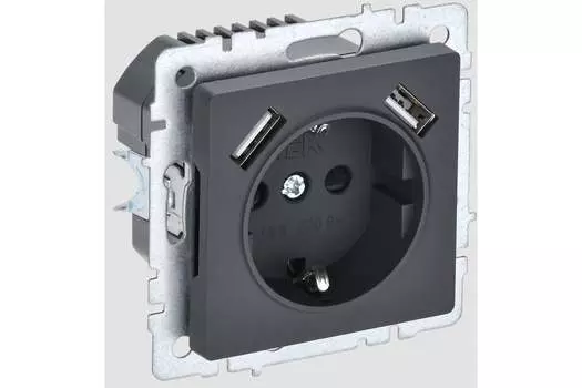 Розетка IEK BRITE РЮш10-2-БрГ, скрытый монтаж, однопостовая, с з/к, со шторками, 16А, механизм розетки с накладкой, IP20, 2xUSB, графит, 1 шт. (BR-R14-16-U21-D31-K53)