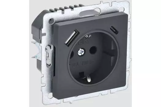 Розетка IEK BRITE РЮш11-1-БрГ, скрытый монтаж, однопостовая, с з/к, со шторками, 16А, механизм розетки с накладкой, IP20, USB-A, USB Type-C, графит, 1 шт. (BR-R14-16-U22-018-K53)