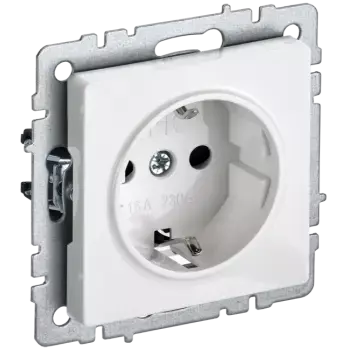 Розетка IEK BRITE РС11-1-0-БрБ, скрытый монтаж, однопостовая, с з/к, 16A, механизм с накладкой и суппортом, IP20, белый (BR-R11-16-K01)