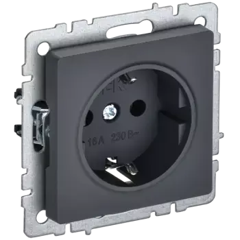 Розетка IEK BRITE РС11-1-0-БрГ, скрытый монтаж, однопостовая, с з/к, 16A, механизм с накладкой и суппортом, IP20, графит (BR-R11-16-K53)