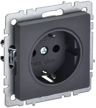 Розетка IEK BRITE РС14-1-0-БрГ, скрытый монтаж, однопостовая, с з/к, со шторками, 16A, механизм с накладкой и суппортом, IP20, графит (BR-R14-16-K53)