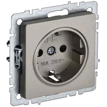 Розетка IEK BRITE РС14-1-0-БрШ, скрытый монтаж, однопостовая, с з/к, со шторками, 16A, механизм с накладкой и суппортом, IP20, шампань (BR-R14-16-K37)