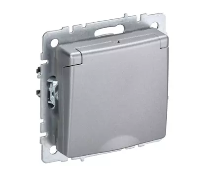 Розетка IEK BRITE РСбш10-3-БрА, скрытый монтаж, однопостовая, с з/к, со шторками, с крышкой, 16A, механизм с накладкой и суппортом, IP20, алюминий (BR-R16-16-K47)