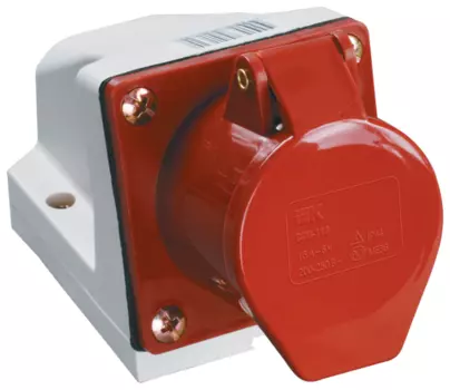 Розетка IEK CCИ-115, открытый монтаж, однопостовая, с з/к, с крышкой, 16A, в сборе, IP44, 3Р+РЕ+N, 380В, красный (PSR12-016-5)