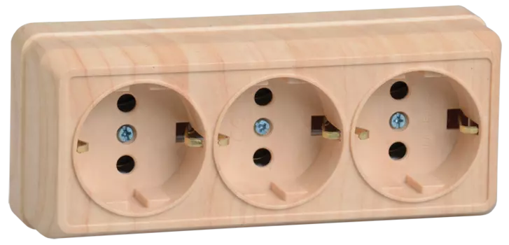 Розетка IEK ОКТАВА РС23-3-ОС, открытый монтаж, 3-х постовая, с з/к, 16A, в сборе, IP20, сосна (ERO31-K03-16-DC)