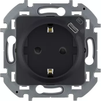 Розетка Legrand Inspiria, скрытый монтаж, однопостовая, с з/к, со шторками, 16A, механизм с накладкой и суппортом, IP20, со встроенным зарядным устройством USB C 1.5А 5В, антрацит (673773)