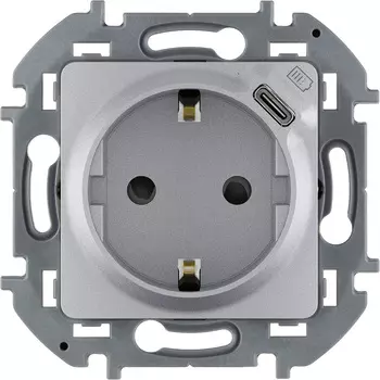 Розетка Legrand Inspiria, скрытый монтаж, однопостовая, с з/к, 16A, механизм с накладкой без рамки, IP20, USB тип C 5В 1500мА, алюминий (673772)