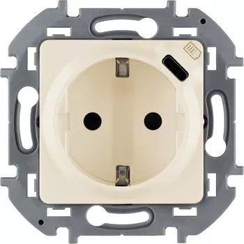 Розетка Legrand Inspiria, скрытый монтаж, однопостовая, с з/к, со шторками, 16A, механизм с накладкой и суппортом, IP20, со встроенным зарядным устройством USB C 1.5А 5В, слоновая кость (673771)