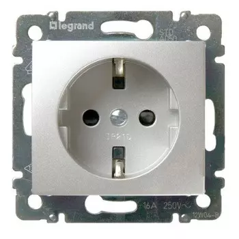 Розетка Legrand Valena, скрытый монтаж, однопостовая, с з/к, со шторками, 16A, механизм с накладкой и суппортом, IP20, алюминий (770121)