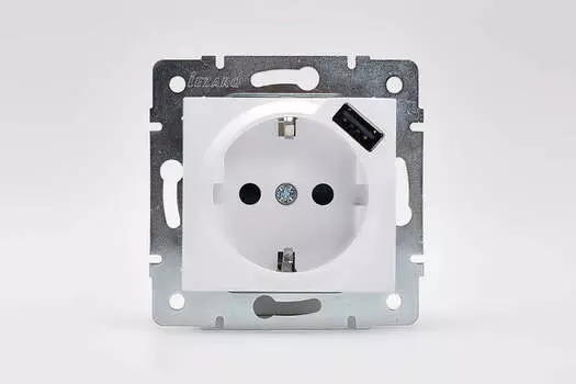 Розетка LEZARD Karina, скрытый монтаж, однопостовая/модулей: 1, с з/к, 16А, в сборе, IP20, 1xUSB, белый (707-0288-181)