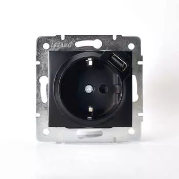Розетка LEZARD Karina, скрытый монтаж, однопостовая/модулей: 1, с з/к, 16А, в сборе, IP20, 1xUSB, черный (707-4288-181)