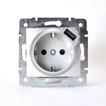 Розетка LEZARD Karina, скрытый монтаж, однопостовая/модулей: 1, с з/к, 16А, в сборе, IP20, 1xUSB, серебро (707-4388-181)