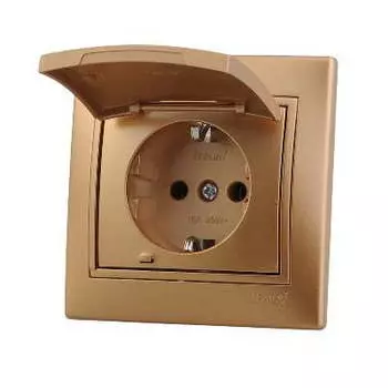 Розетка LEZARD MIRA, скрытый монтаж, однопостовая, с з/к, с крышкой, 16A, в сборе, IP20, золотой-металлик (701-1313-123)