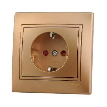 Розетка LEZARD MIRA, скрытый монтаж, однопостовая, с з/к, со шторками, 16A, в сборе, IP20, золотой-металлик (701-1313-124)