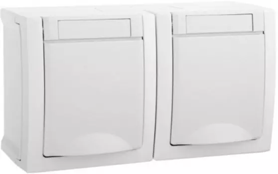 Розетка Panasonic Pacific, открытый монтаж, 2-х постовая, с з/к, со шторками, с крышкой, 16A, в сборе, IP54, белый (WPTC48002WH-RU)