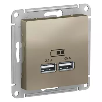 Розетка Schneider Electric AtlasDesign, 2xUSB-A, 1.05А, 2.1А, механизм, шампань (ATN000533)