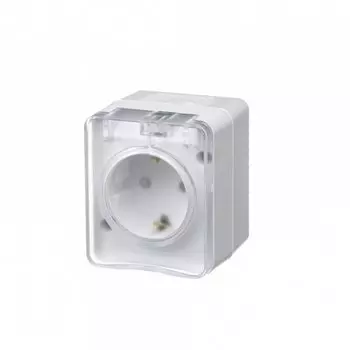 Розетка Schneider Electric AtlasDesign Profi54, открытый монтаж, однопостовая, с з/к, со шторками, с крышкой, 16A, в сборе, IP54, белый (ATN540145)