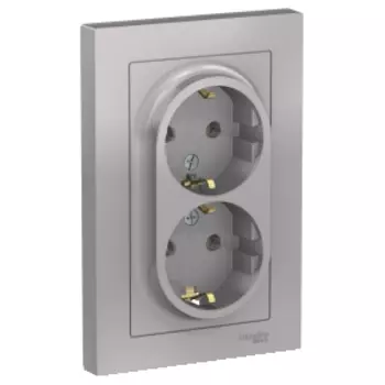 Розетка Schneider Electric ATLASDESIGN, скрытый монтаж, 2-х постовая, с з/к, 16A, в сборе, IP20, алюминий (ATN000324)