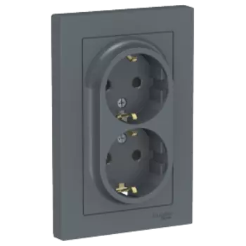 Розетка Schneider Electric ATLASDESIGN, скрытый монтаж, 2-х постовая, с з/к, со шторками, 16A, в сборе, IP20, грифель (ATN000726)