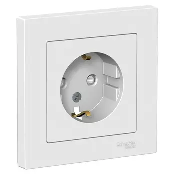 Розетка Schneider Electric ATLASDESIGN, скрытый монтаж, однопостовая, с з/к, со шторками, 16A, в сборе, IP20, белый (ATN000144)