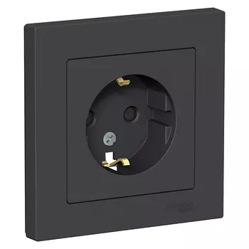 Розетка Schneider Electric ATLASDESIGN, скрытый монтаж, однопостовая, с з/к, со шторками, 16A, в сборе, IP20, карбон (ATN001044)