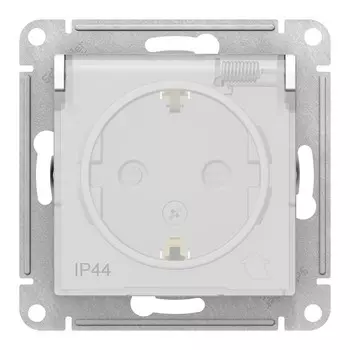 Розетка Schneider Electric AtlasDesign, скрытый монтаж, однопостовая, с з/к, со шторками, с крышкой, 16A, механизм с накладкой и суппортом, IP44, белый (ATN440146)