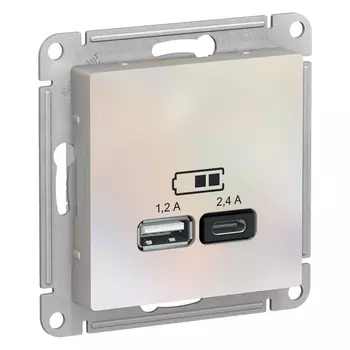Розетка Schneider Electric AtlasDesign, USB-A, USB-C, 1.2А, 2.4А, механизм, жемчуг (ATN000439)