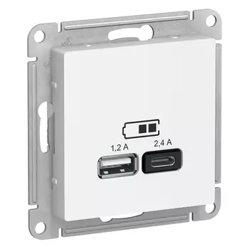 Розетка Schneider Electric AtlasDesign, USB-A, USB-C, 1.2А, 2.4А, механизм, белый (ATN000139)