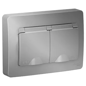 Розетка Schneider Electric Blanca, скрытый монтаж, 2-х постовая/модулей: 1, с з/к, со шторками, с крышкой, 16A, в сборе, IP44, алюминий (BLNRS441123)